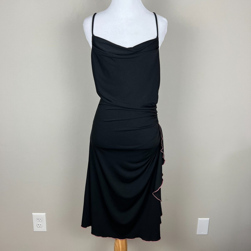 Vintage Y2K 90s City Triangles Dress‎ Large Black Pink Ruched Draped Cowl Neck L